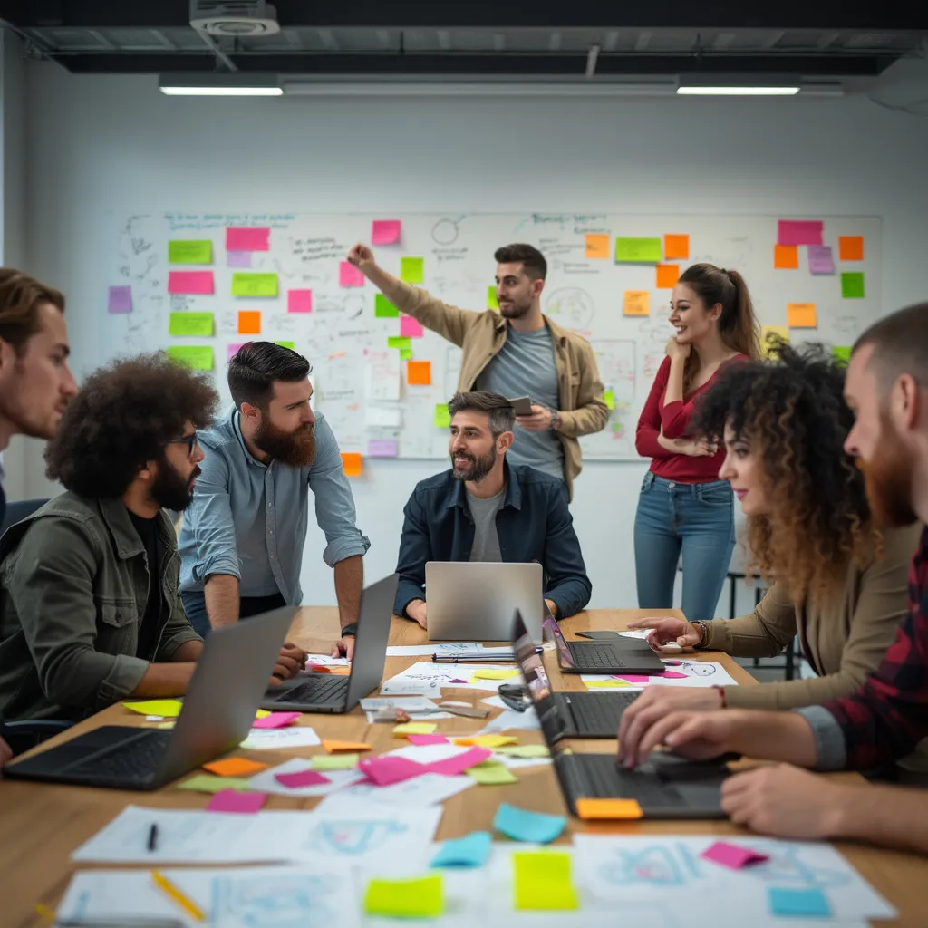 Equipo de consultores en una sesión de brainstorming colaborativa con pizarras y notas