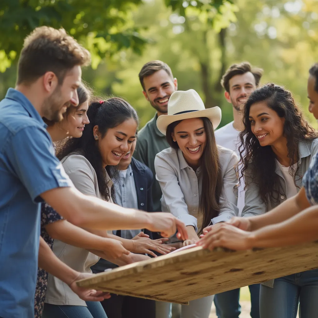 Evento de la empresa con empleados participando activamente en actividades de team building al aire libre