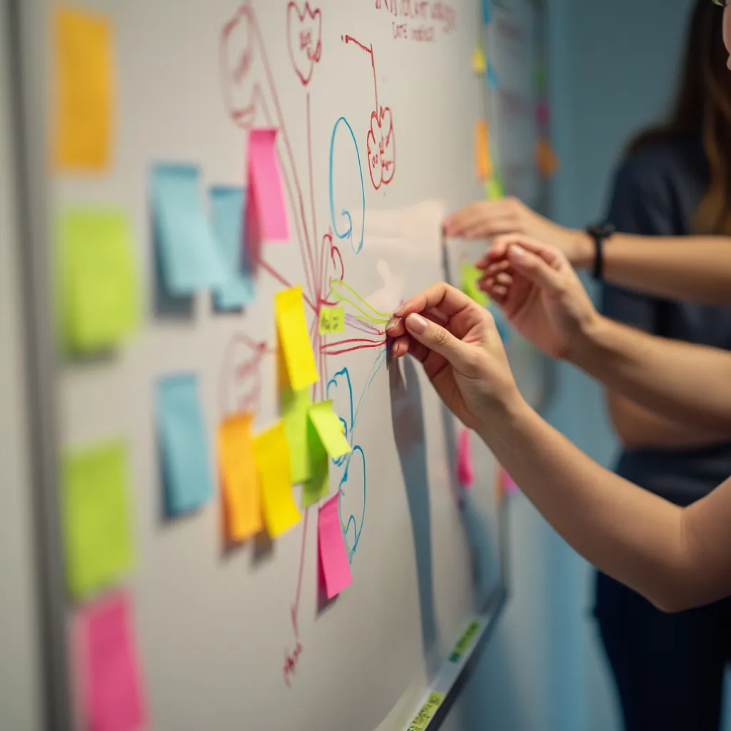Detalle de un taller de innovación con manos escribiendo ideas en notas adhesivas y diagramas de flujo