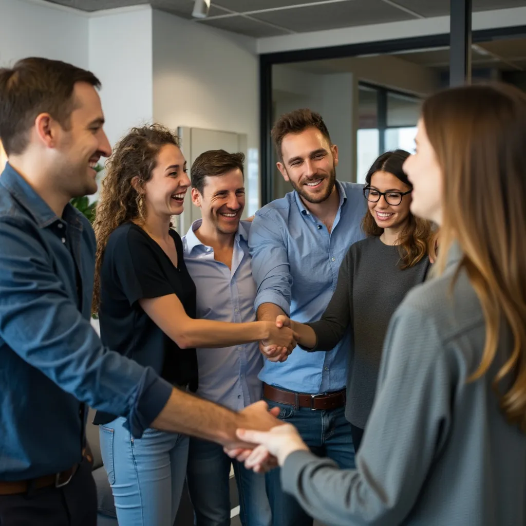 Celebración de un hito del proyecto con el equipo y el cliente sonriendo